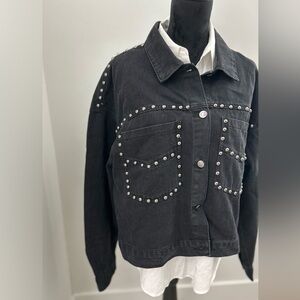Womens Black Denim Jacket Cropped  Studded Plus Size 1X NWT
